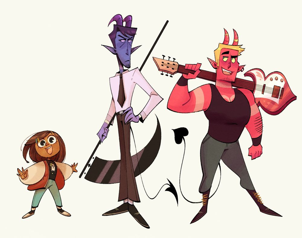 Digital character sheet showing the first half of my lineup. From left to right it features my ocs Eden (a human girl), Claude (a purple demon wielding a scythe), and Demir (a red demon holding his guitar with one hand over his shoulders).