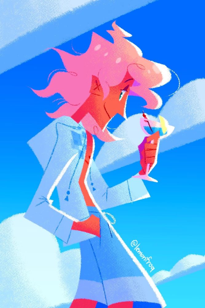 Digital illustration featuring Komaeda from Danganronpa. He’s shown standing outside, presumably on a beach, as he’s wearing his beachwear from Danganronpa S. He’s holding a tropical drink as he smiles at the viewer.
