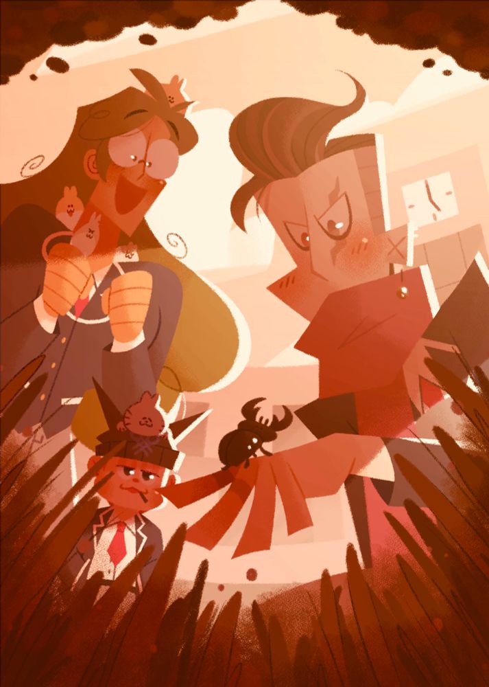 Digital illustration featuring Gundham, Ryoma, and Gonta from Danganronpa. The setting is sunset outside of a school, with Gundham in the foreground. He’s blushing happily as he’s holding a beetle on his finger, while Gonta holds Gundham’s hamsters on his shoulders and Ryoma’s own cat on his head.