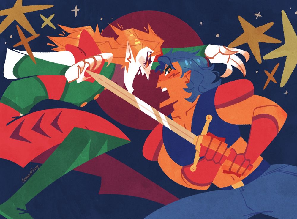 Digital illustration featuring Jonathan Joestar and Dio Brando about to fight. Jonathan has the sword of Luck and Pluck pointed at Dio’s hand. Dio is lunging towards Jonathan with vampire fangs bared and his hand reaching towards the back of Jonathan’s head. The background is a night sky with a red moon with stylized stars in the background.