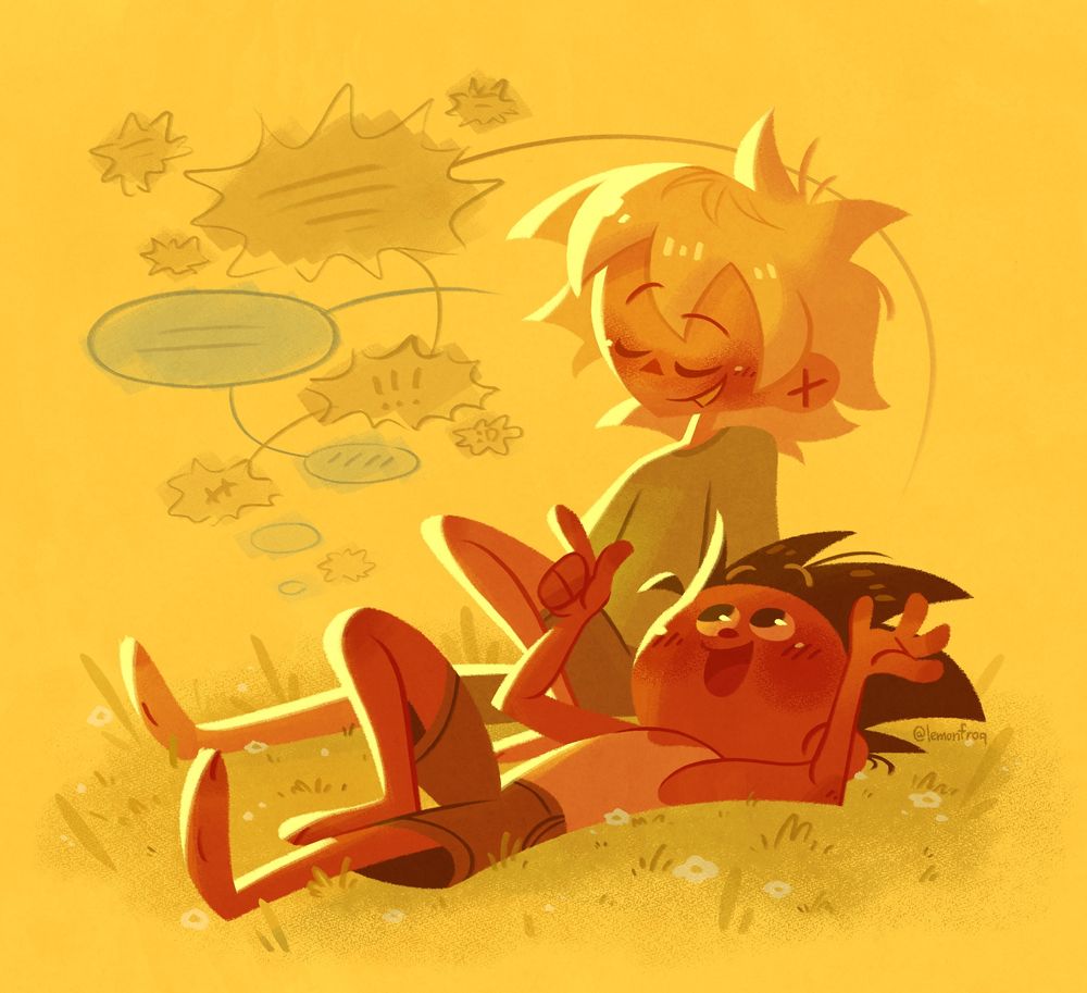 Illustration showing Gon and Killua having a conversation in the sunset. Their speech bubbles are all over the place (mainly Gon's) but they're mainly just enjoying each other's company. Gon is passionately talking about a subject including gesturing with his hands while Killua is listening, interjecting with a few comments of his own. He's also visibly blushing more than Gon. 