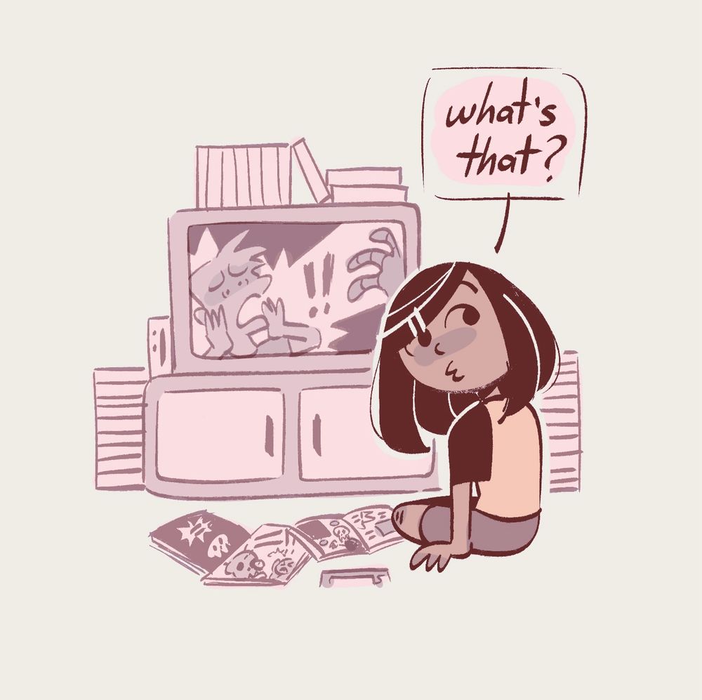 First panel shows my oc Eden sitting in front of a TV while being surrounded by different comics, movies, and games. The TV itself shows a person screaming in terror as he’s about to be attacked by something. She turns around to the person behind her asking, “What’s that?”