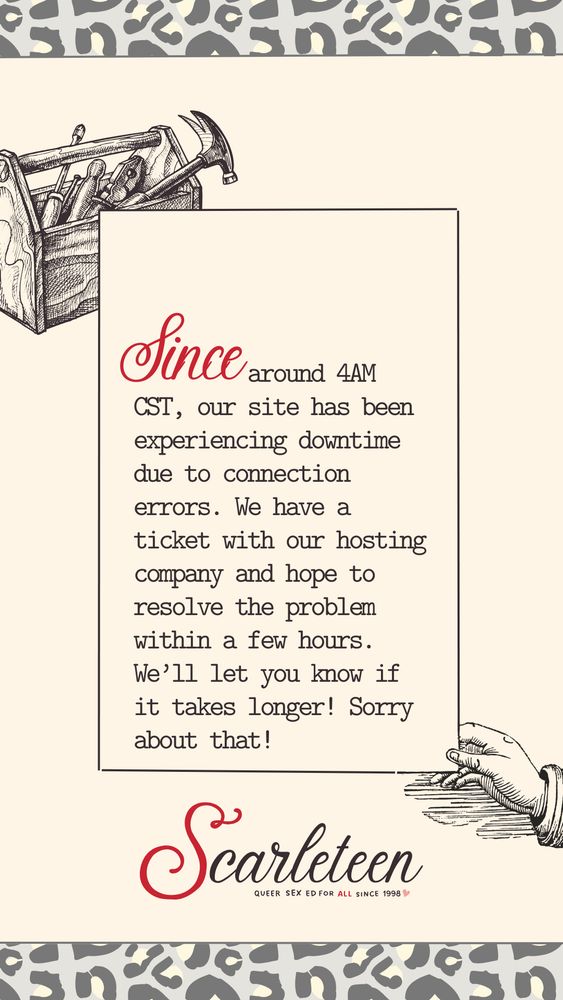 Text: “Since around 4AM CST, our site has been experiencing downtime due to connection errors. We have a ticket in with our hosting company, and hope to resolve the problem within a few hours. We’ll let you know if it takes any longer. Sorry about that!”