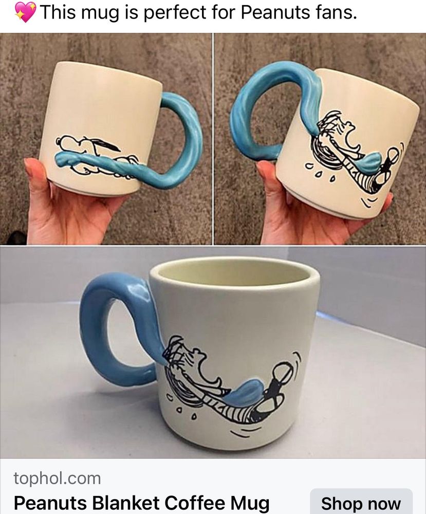Peanuts Mug with a 3D security blanket handle being dragged by a 2D Snoopy and a 2D Linus