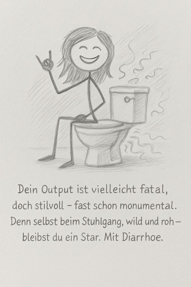 Ein Strichmädchen ( nicht das was du jetzt denkst… ) aufm Klo. Darunter folgender Text:

„Dein Output ist vielleicht fatal, doch stilvoll - fast schon monumental.
Denn selbst beim Stuhlgang, wild und roh- bleibst du ein Star. Mit Diarrhoe.“