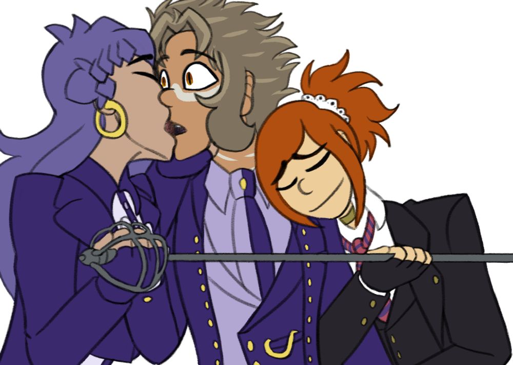 A redraw of the meme of the Anne Hathaway picture. Fem Wes is in the center wearing a purple and gold suit, being kissed by fem Leon (who is also wearing a suit), holding the sword while Rui is cuddling up to Wes while holding the end of the sword (also wearing a suit).