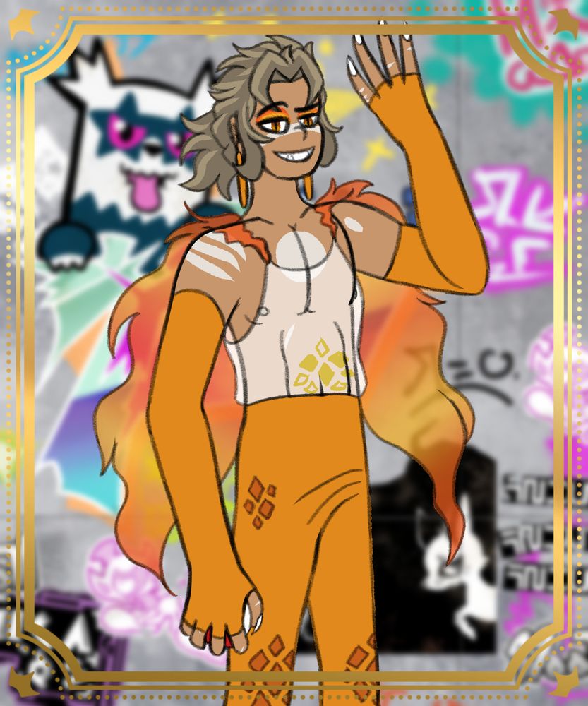 A fake Galar trainer card, but it's Wes dressed up in a skating outfit vaguely resembling a Gigantamax Charizard.