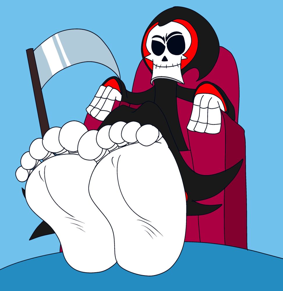 Grim Reaper, from Billy and Mandy, sitting on a sofa while he shows his feet to the viewer.  His scythe is leaning in the wall by the sofa that Grim is sitting!