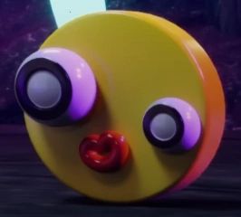A yellow-colored cylinder, showing a "Circle Gloink" from Glitch's show "Amazing Digital Circus", It has two eyes of substantially different sizes, and a "mouth" - meant to convey that it is "alive"