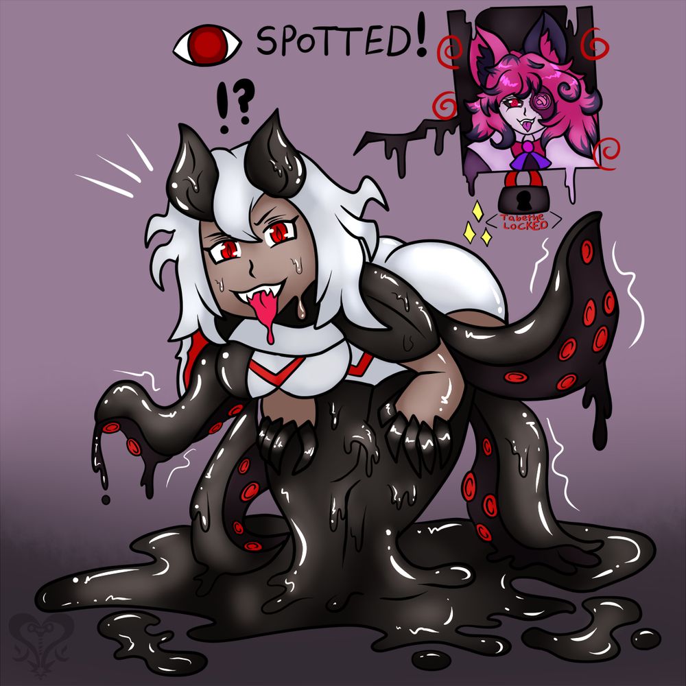 A drippy slime girl suit of Tabethe showing someone inside in a cutaway hypnotized and brainwashed into thinking they are Tabethe. 