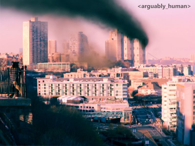 in the foreground, an anthro canine stands on a fenced perch above a cliff face, looking out at a skyline of high-rise apartments in the distance. an unseen catastrophe has occurred. smoke billows from a burning building complex, and dust rises off the collapsed face of another. on the ground below the vantage point, armored vehicles head toward the smoke. pedestrians are massing, moving in the opposite direction.