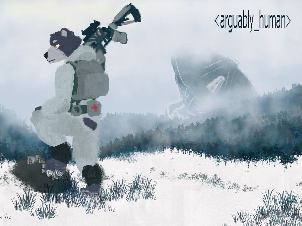 an anthro bear stands perched on a rock in the foreground. he's wearing white and green military gear over a white smock and white trousers. an ak platform rifle is resting over his shoulder. in the background is a forest heavy with fog, with a monolithic radar dish peeking through the mist. 