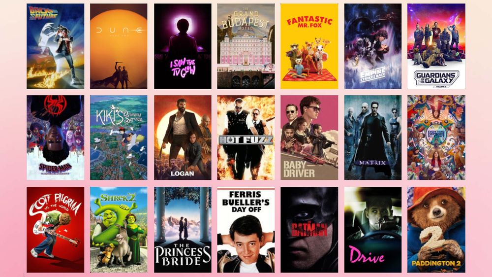 a list of my favorite pictures using their posters: Back to the Future, Dune Part Two, I Saw the TV Glow, The Grand Budapest Hotel, Fantastic Mr Fox, Star Wars: The Empire Strikes Back, Guardians of the Galaxy Vol 3, Spider-Man: Across The Spider-Verse, Kiki's Delivery Service, Logan, Hot Fuzz, Baby Driver, The Matrix, Everything Everywhere All At Once, Scott Pilgrim vs The World, Shrek 2, The Princess Bride, Ferris Bueller's Day Off, The Batman, Drive, Paddington 2