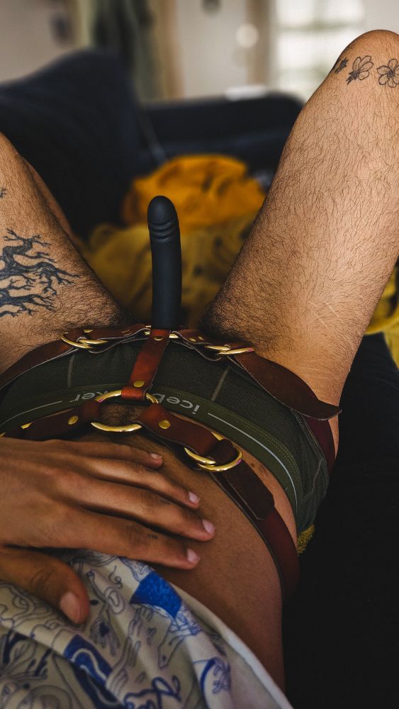 A point of view shot of Cosmo, from the torso down, lounging on their couch. Their hand gently resting on their exposed belly. They are wearing their new leather strap-on harness and feeling extra powerful and spicy in it. It's beautifully crafted with brass hardware and a burnt orange coloured leather. A matte black, firm dildo stands erected from the lower O-ring.

Cosmo's legs are fuzzy and some tattoos are gently in shot.