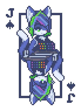 Balatro styled Jack card depicting a cat-like character.  They have a robotic right arm which is used to split the top and bottom halves of the card.  Their shirt has a rainbow across it.  The top part is feminine while the bottom is masculine.