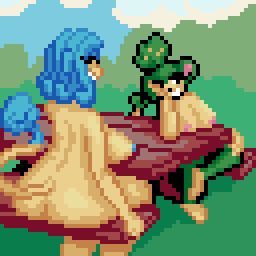 Simipour and Pansage anthros sitting at a picnic table nude.