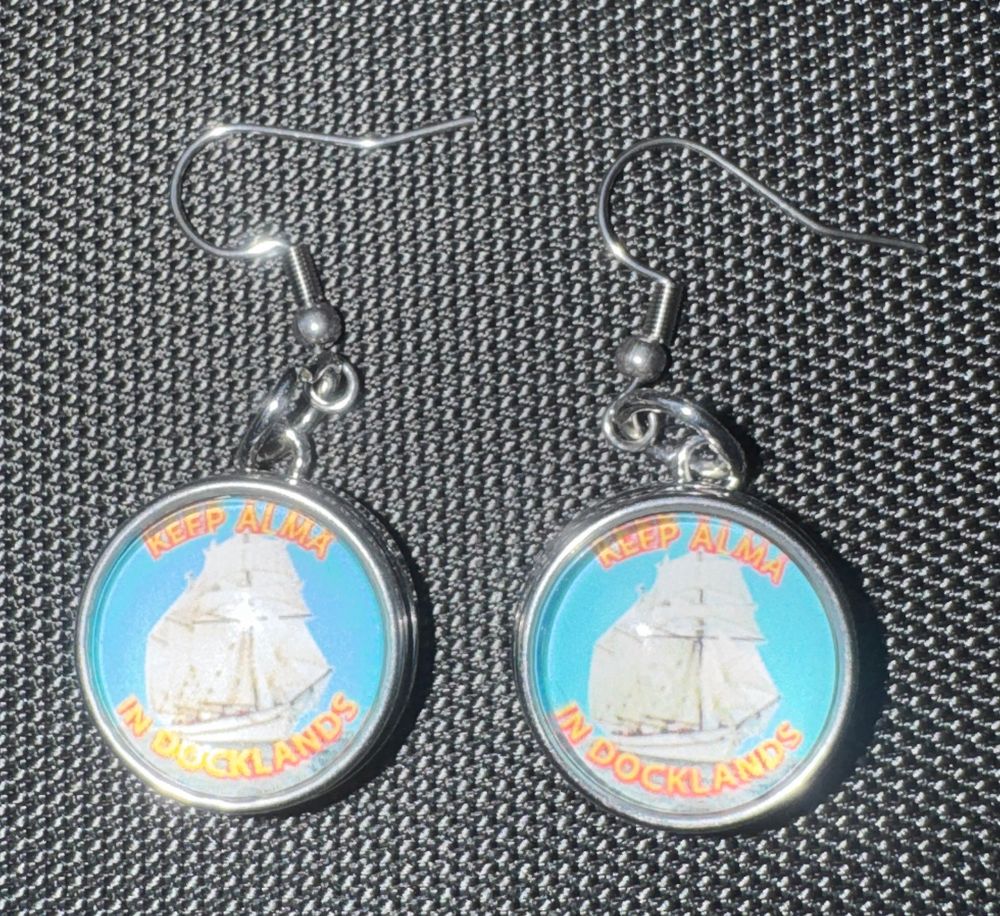 Earings with image of Tall Ship Alma Doepel and words: Keep Alma in Docklands.