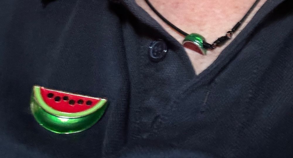 Person wearing a watermelon brooch and necklace.