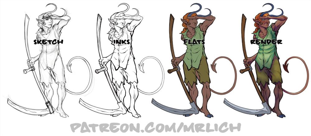 Several stages of the color illustration of Navine Kallyvia, a Tiefling Farmer NPC for your game table. Art by Matt mrlich Lichtenwalner. 