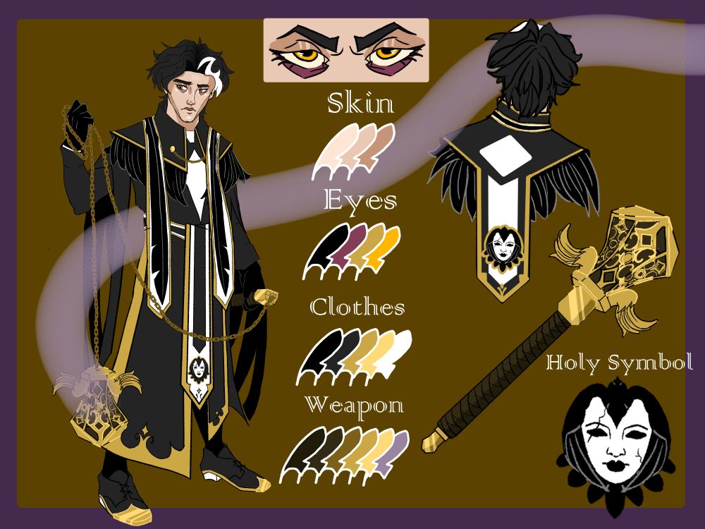 Reference sheet for a cleric dnd character. He's dressed in long ornate robes bearing the symbol of his patron god, the Raven Queen. He is pictured holding a censer filled with incense, that can retract its chain into a handle to become a functioning mace.