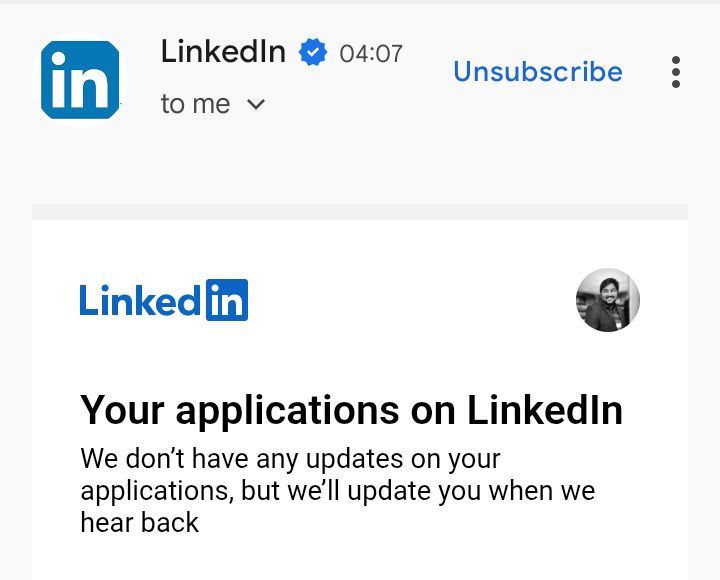 Email from LinkedIn that says we don't have any updates on your application 