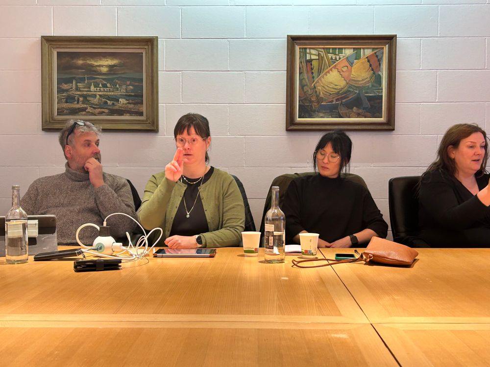 Two interpreters at work (woman in green cardigan is working into Norwegian Sign Language, woman on far right is working into Irish Sign Language).