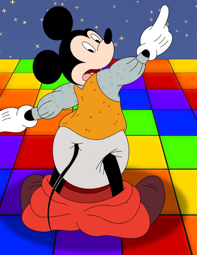 Mickey Mouse on the dance floor, his pants fell off, now his diaper is on display, Mickey looks surprised and scared