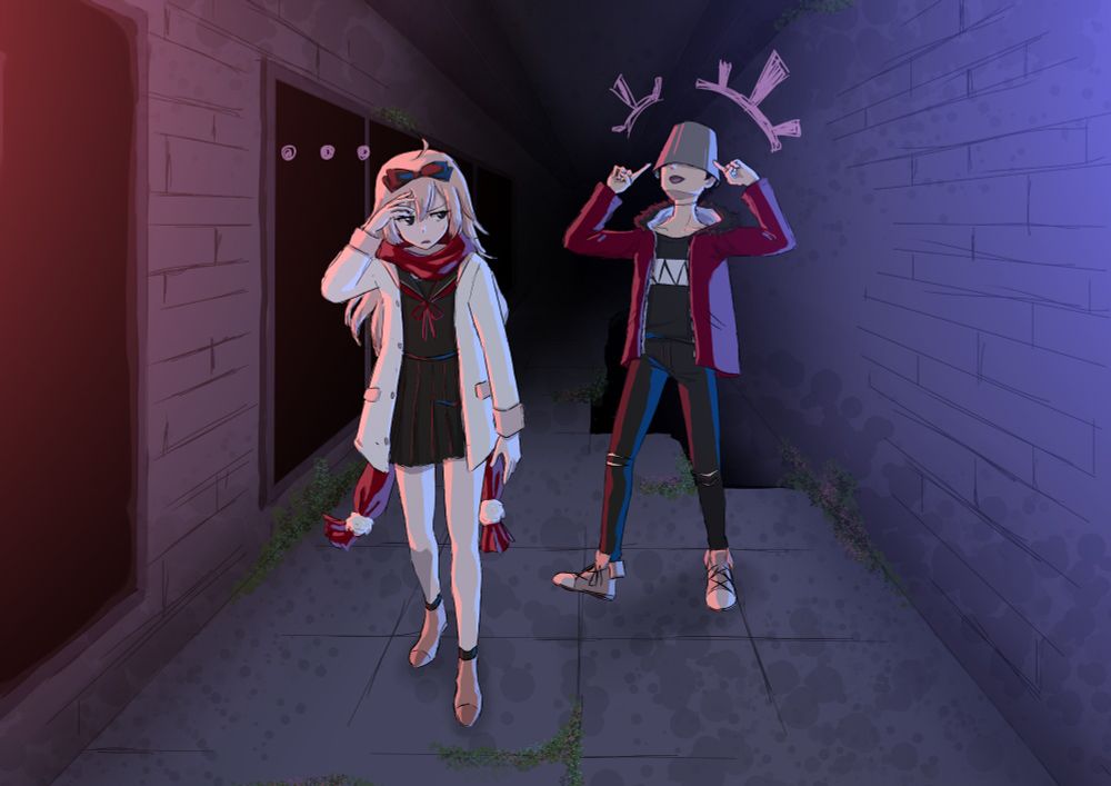 In a dimly lit corridor, Lacie and Sai walk amidst a moody atmosphere with cool and warm lighting contrasting the scene. Lacie, positioned in the foreground, wears her usual in-game outfit. Her expression is one of annoyance as she holds her head with one hand, seemingly cringing, while looking to her acquaintance behind her. Sai exudes a playful and silly energy. He, too, wears his usual in-game outfit along with a metal bucket over his head, that he's proudly pointing to. The walls of the corridor are dark, lined with windows to the adjacent room. There is a subtle growth of moss and small plants along the edges of the walls and pavement, giving the corridor an abandoned and eerie feel.