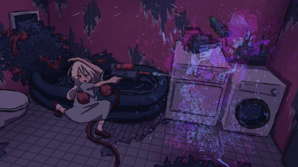 An illustration of a woman with slightly monstrous design elements, shooting a water gun at a big man. The man's made out of purple and blue lights. The scenery is a run down bathroom with an inflatable pool instead of a bathtub.