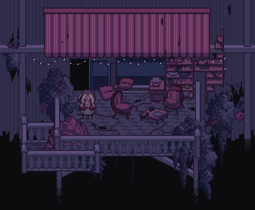 A top down pixel art illustration of a run-down balcony in dim and cozy moon light.