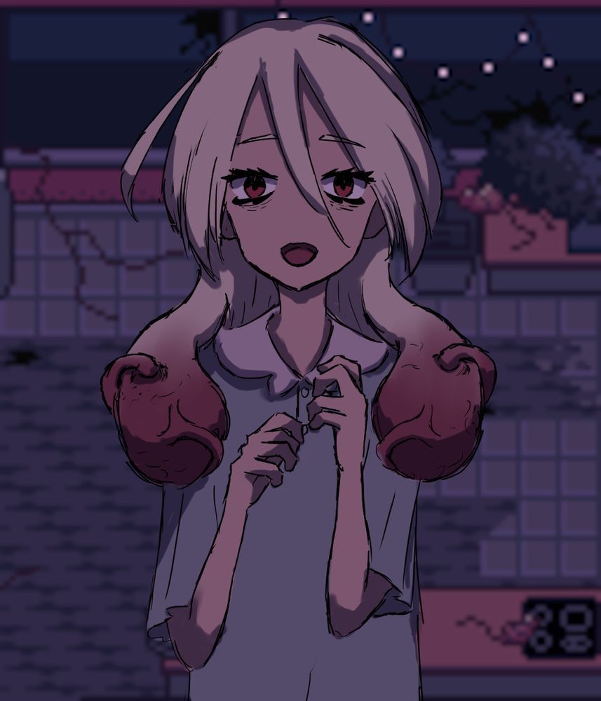 A digital illustration of a smiling girl with slightly monstrous design elements. The view is frontal. She has long, silver-blond hair with two fleshy stubs extending out of it. The picture is tinted in a dim and cozy, purple-ish light.