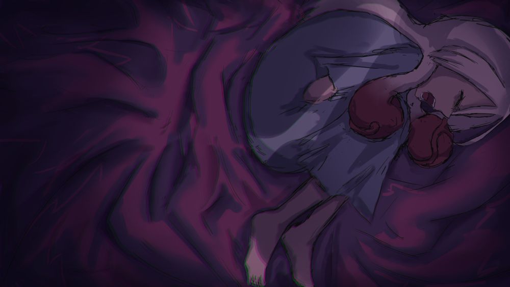An illustration of a curled up woman with slight monstrous design elements. The view is from top down. She appears to be in abdomial pain.