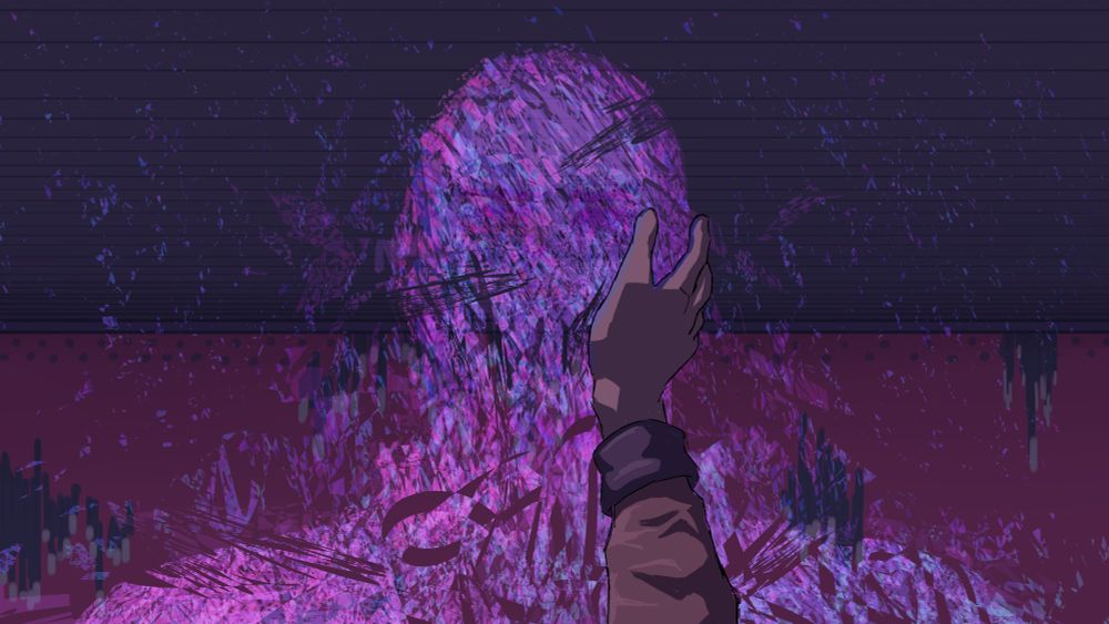 A bottom up view. The viewer puts their hand on the cheek of an ominous man that is made of purple light.