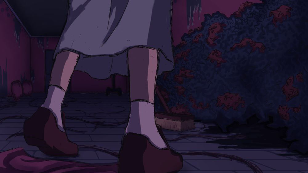An illustration of the lower legs and shoes of a woman, brooming her floor