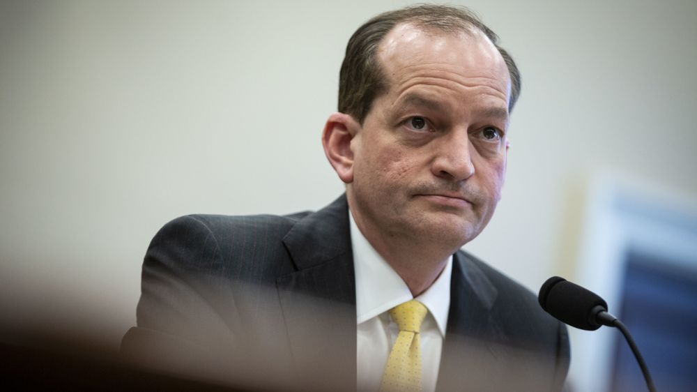 The departure follows scrutiny over his role in a plea deal as a U.S. attorney in 2008. The agreement eased punishment for multimillionaire Jeffrey Epstein for alleged sex crimes.
