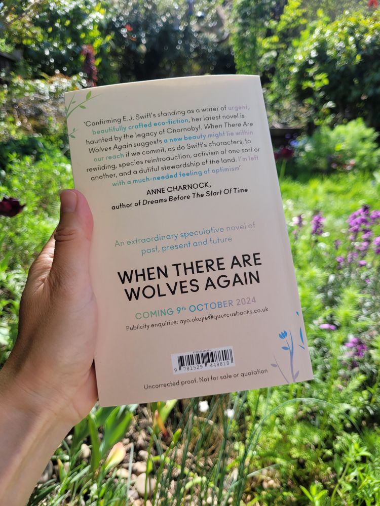 Back cover of proof copy of WHEN THERE ARE WOLVES AGAIN by E. J. Swift