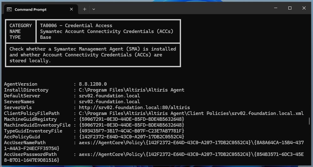 Sample output of PrivescCheck showing the information collected about the Symantec Management Agent (SMA).