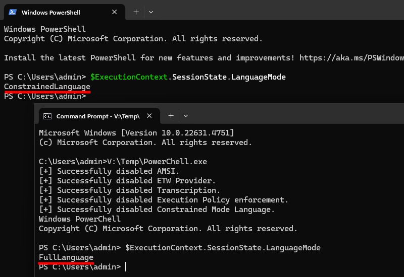 Screenshot showing the execution of the proof-of-concept named PowerChell in comparison to a typical PowerShell prompt. In particular, it shows that PowerChell is able to bypass the Constrained Language Mode (CLM).