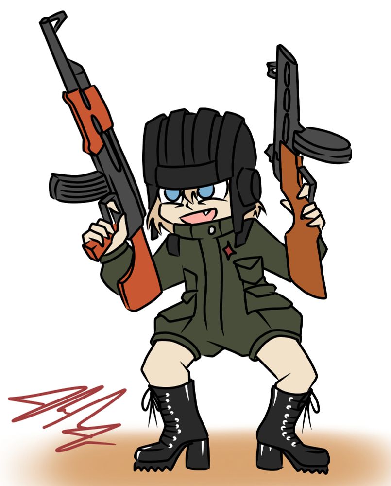 Katyusha from Girls und Panzer wearing some fabulous high heel boots, while wielding an RPK-74 and a PPSH-41.