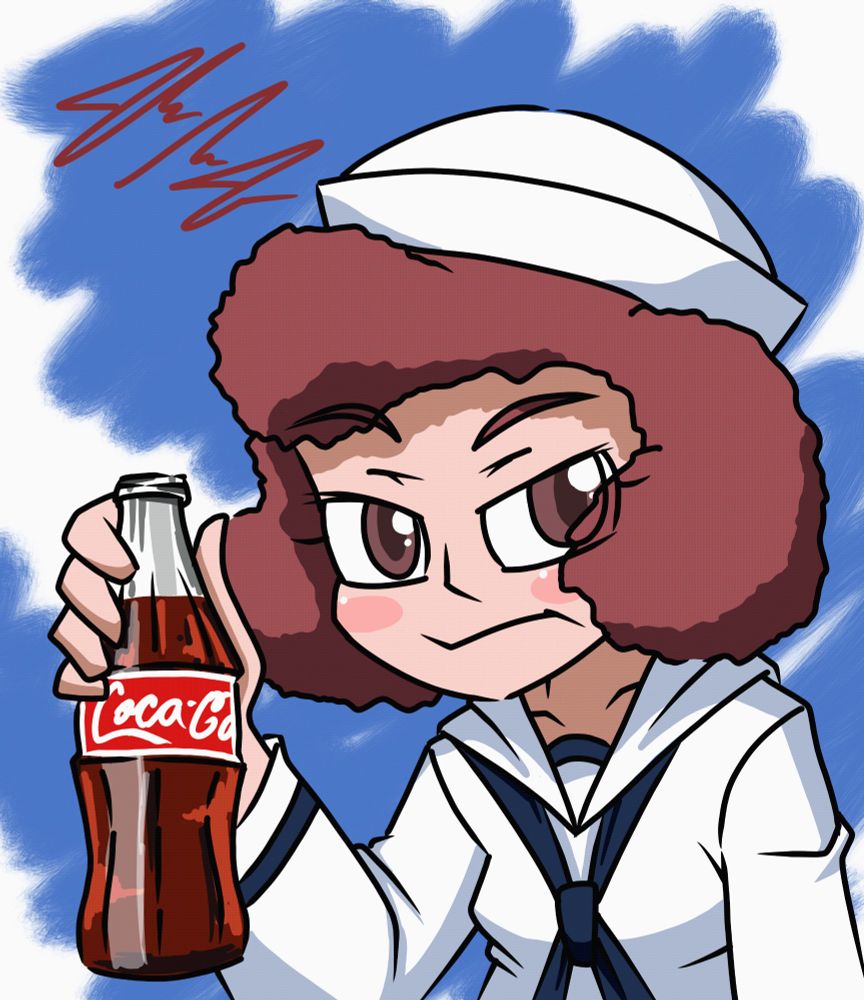 Rum from Girls und Panzer holding a bottle of Coca-Cola.