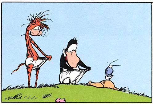 Bill the Cat & Opus gazing into their underwear.