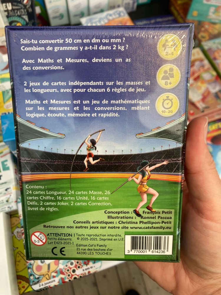 Verso de la boîte de jeu Maths et mesures, Longueurs et masses. 
petit format. 