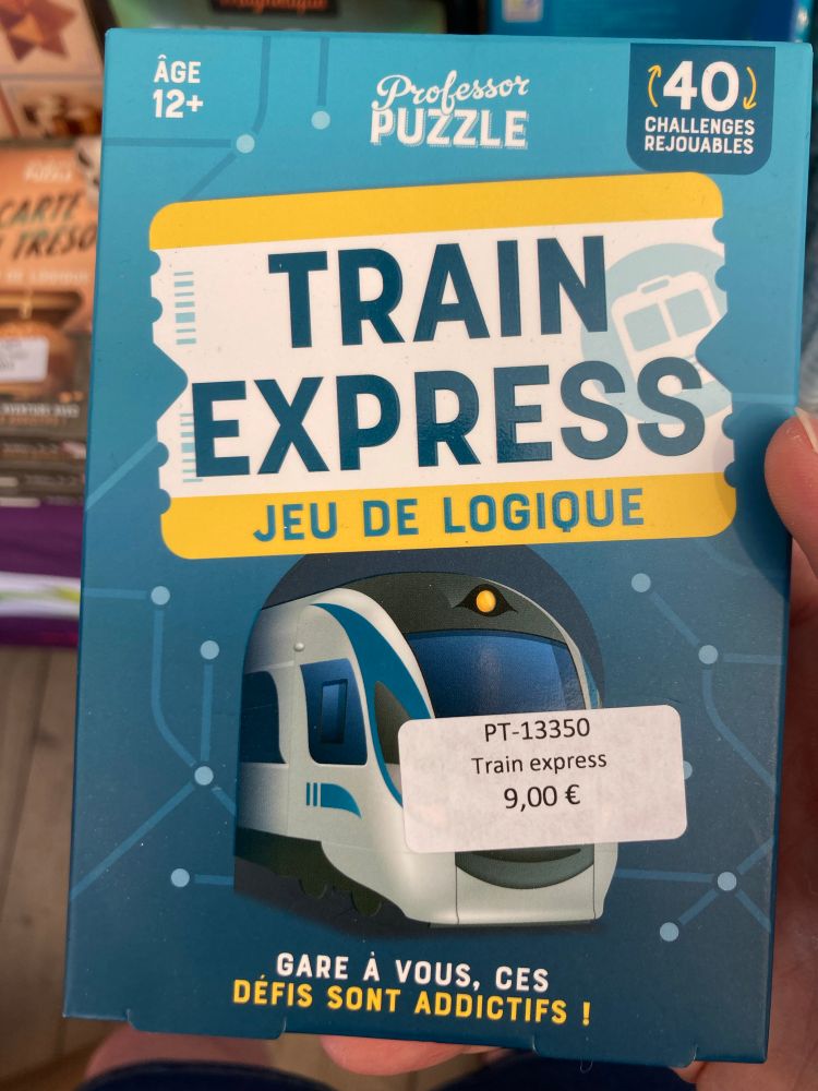 Recto de la boîte de jeu de logique Train express.
9€, petit format. 