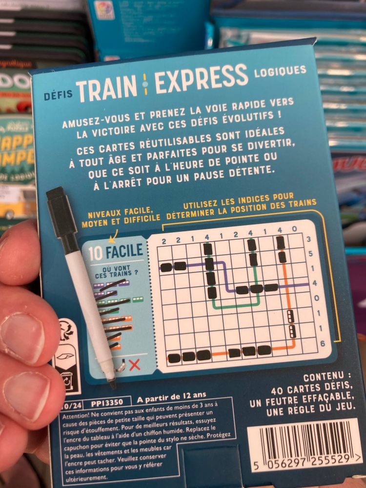 Verso de la boîte de jeu de logique Train express.
9€, petit format. 