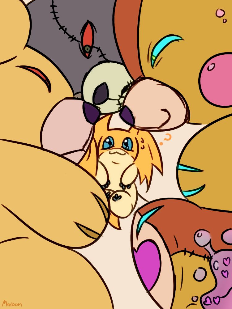 A Monzaemon, Warumonzaemon and X-Antibody Monzaemon snuggled next to a slightly concerned Patamon