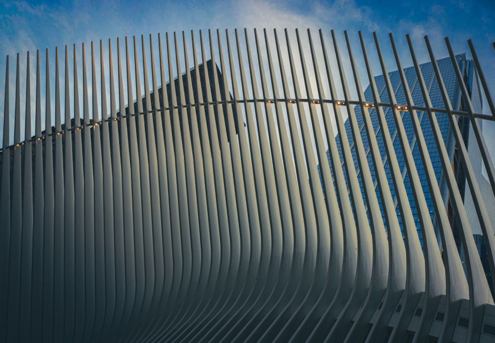 This image captures a striking architectural detail of the World Trade Center Transportation Hub, known as the Oculus, designed by Santiago Calatrava. The foreground is dominated by the distinctive white, ribbed structure of the Oculus, resembling a bird's wings or a skeletal form, with numerous vertical fins creating a sense of movement and depth. These fins are illuminated by subtle lights embedded along a horizontal line, adding to the visual interest. In the background, towering glass skyscrapers reflect the blue sky, providing a contrasting backdrop to the organic curves of the Oculus and highlighting the modern urban environment. The perspective emphasises the unique design of the transportation hub against the more conventional lines of the surrounding buildings.