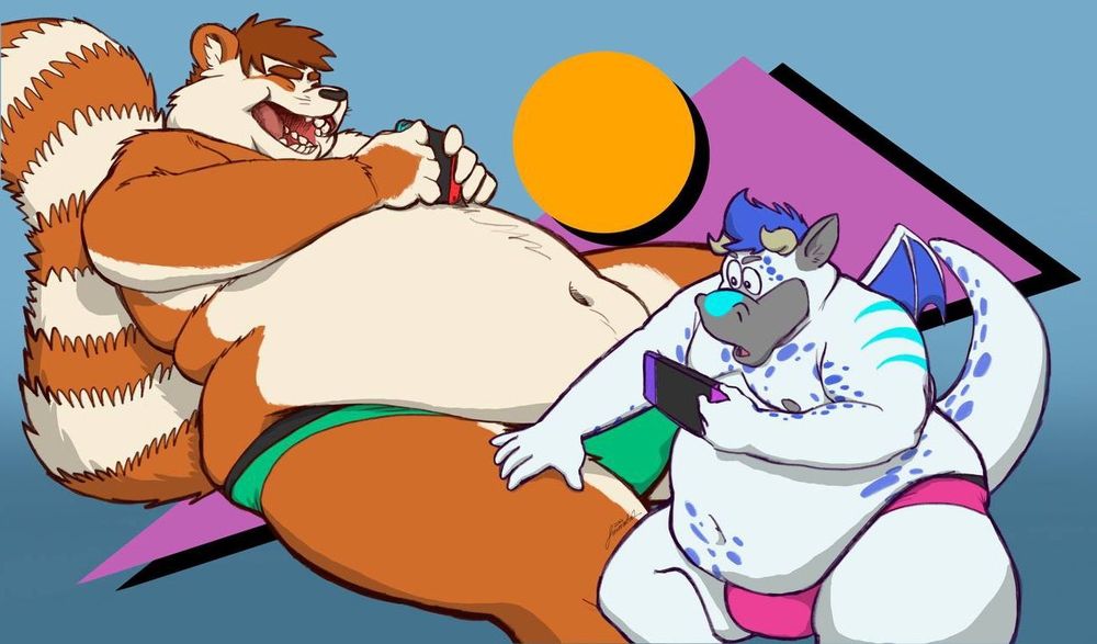 A commission piece of two furries playing Nintendo switch. Both are quite fat and in their underwear. Dom the tanuki on the left. Javier the hyena/dragon on the right.
