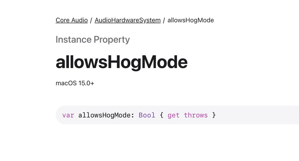 screenshot of Apple Developer docs showing an instance property named "allows hog mode"