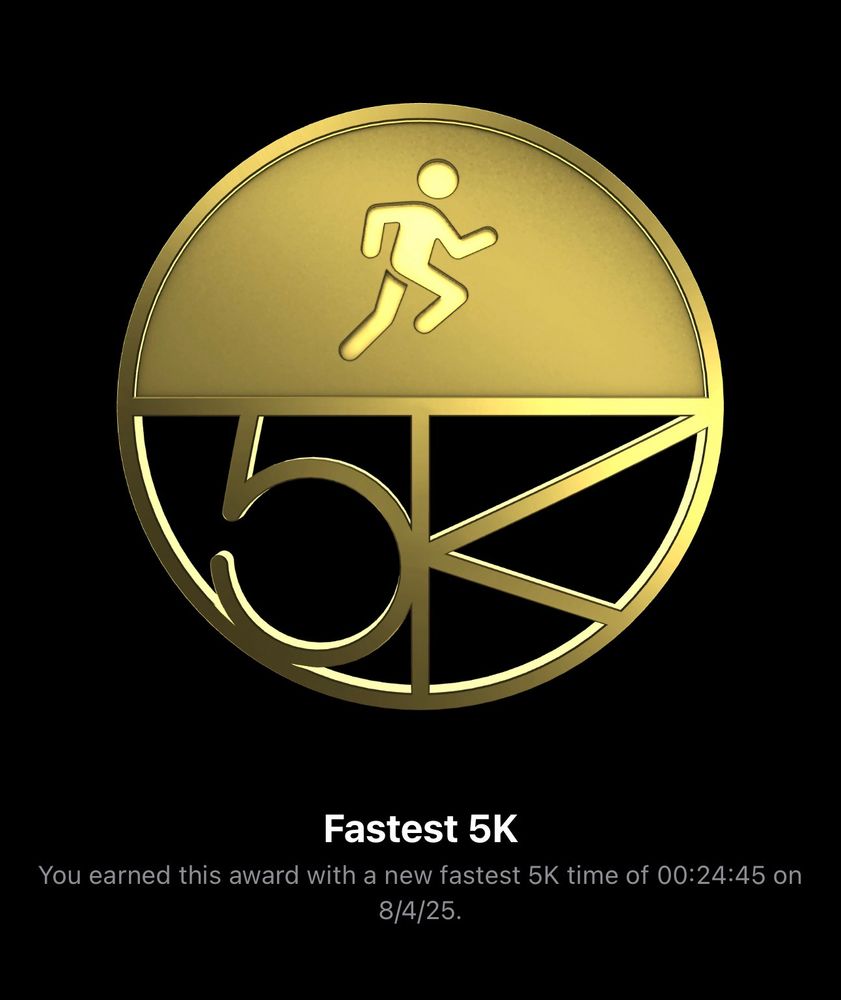 Virtual award for personal fastest 5K run in 24:45 on 4 August 2025