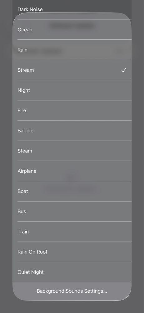 The list of soundscape choices for the background sounds feature in iOS